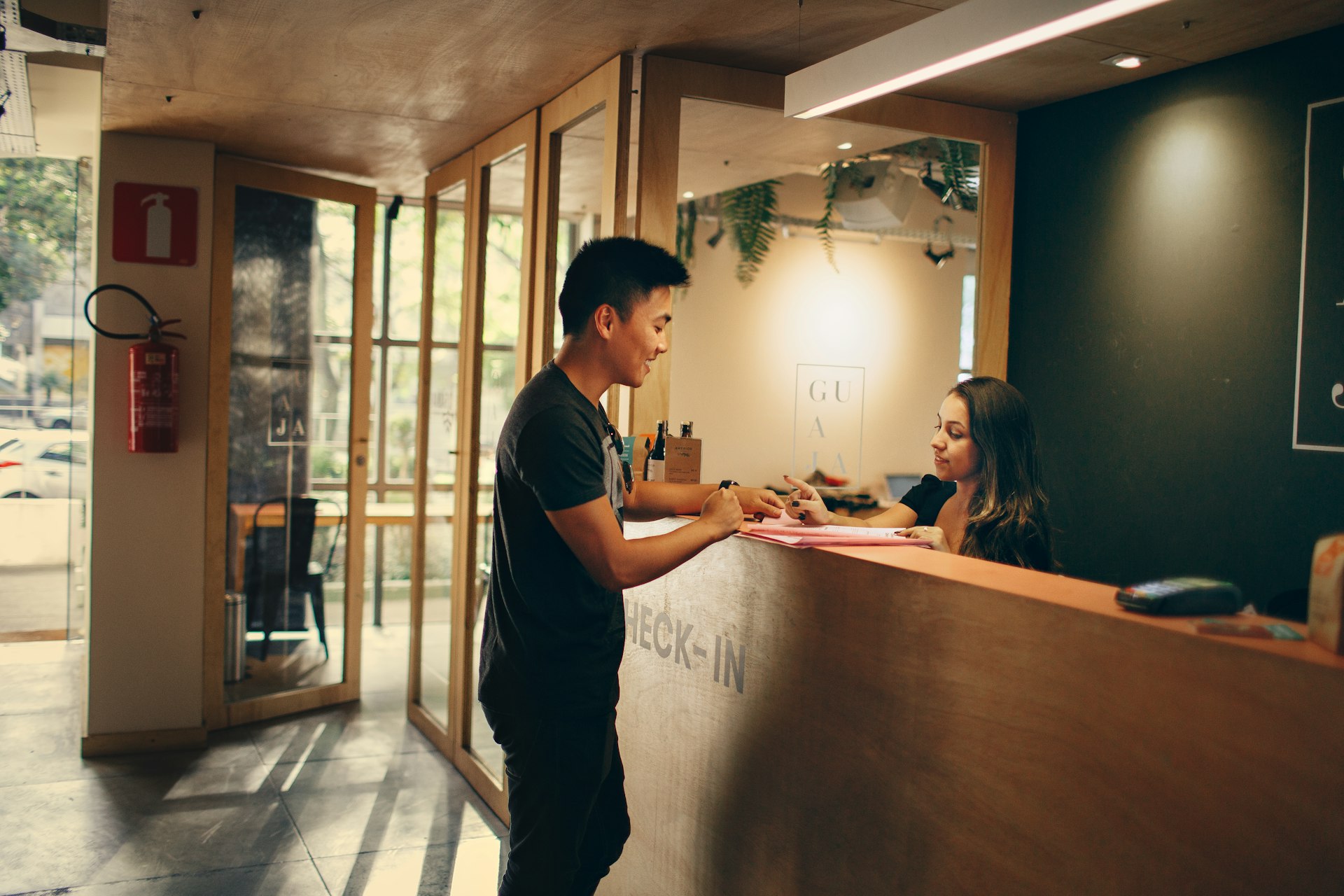 A welcome desk at the front of an office